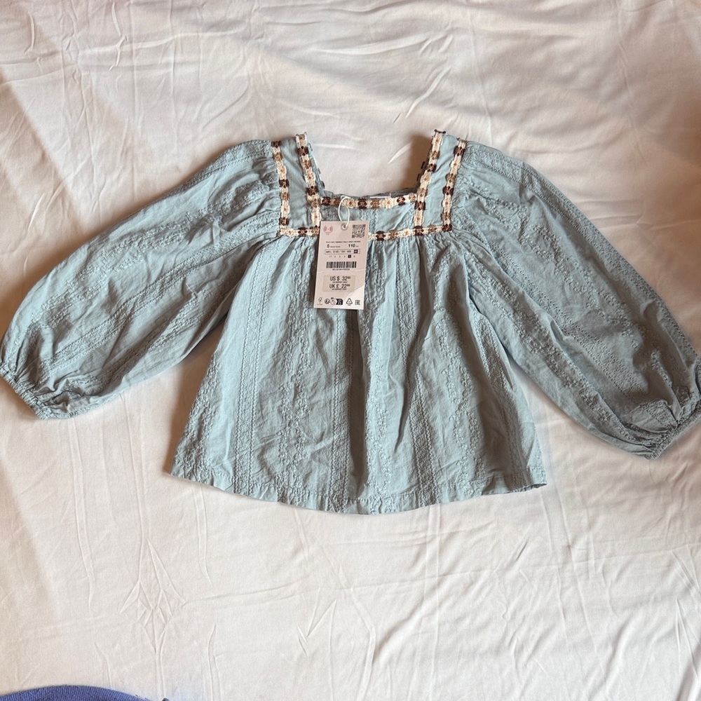 Square Neck Light Blue Embroidered Peasant Blouse